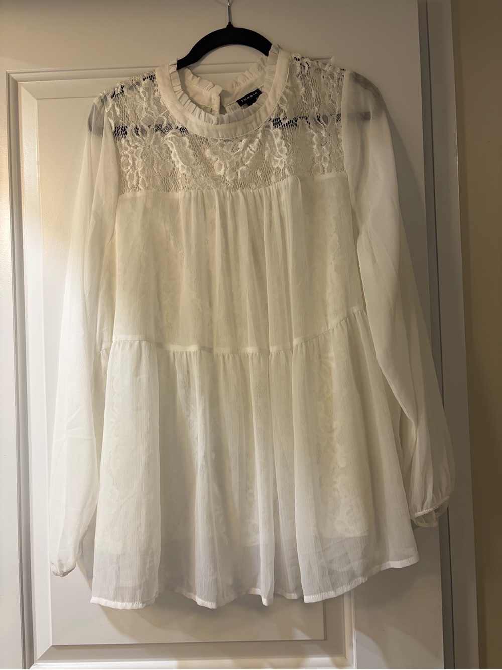 Torrid white sheet top with lace lining Yoke Tiered Long-Sleeve Tunic.
